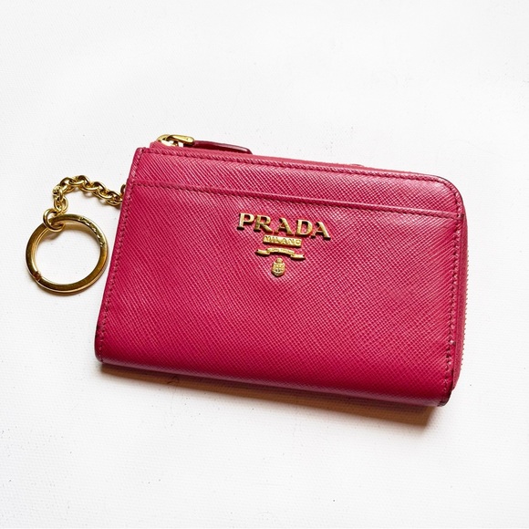 PRADA Saffiano Metal Zip Around Key Holder Peonia Pink Gold Wallet Chain - Picture 1 of 10